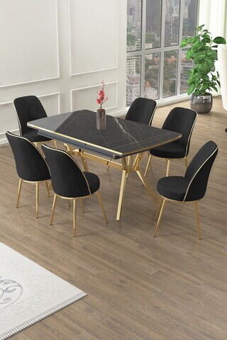 Set masa extensibila si scaune (7 piese), Hanah Home, Poy, Sonata / Auriu / Negru