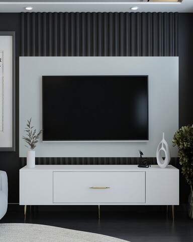 Comoda TV, Olivia, Dekos, 150x48 cm, PAL , Alb/Auriu