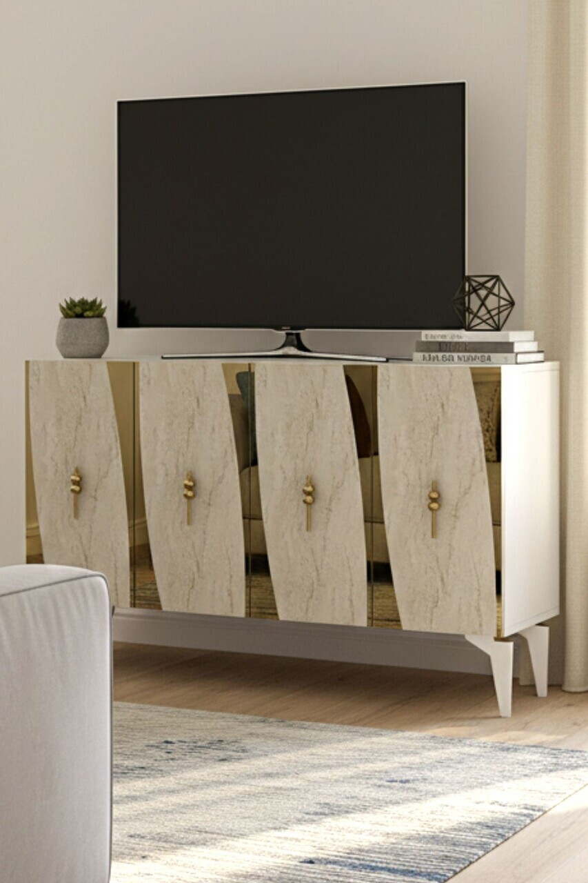 Consola, Hanah Home, Elips 120, 120x75x32 cm, White / Travertine / Gold — imaginea 3