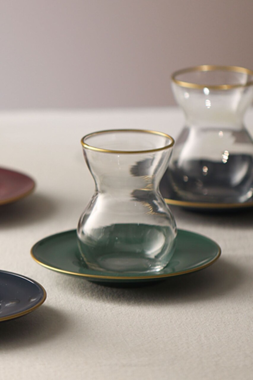 Set de pahare pentru ceai (12 bucăți), L'essentiel Maison, 127RKL1203, Farfurie: 12 x 12 x 1,7 cm (6 bucăți), Transparent / Auriu / Albastru închis / Vișiniu / Verde - view 4