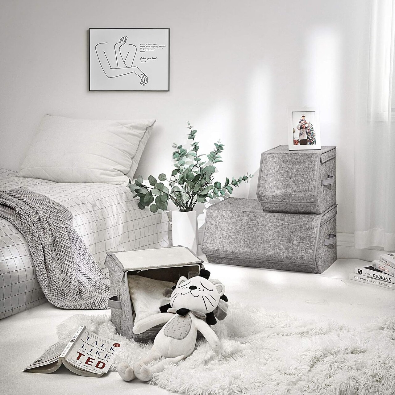 Set 3 cutii depozitare Songmics, 25x35x25 cm/50x35x25 cm, textil cu aspect de in/fier, stivuibile, max 10 kg,  gri - view 2