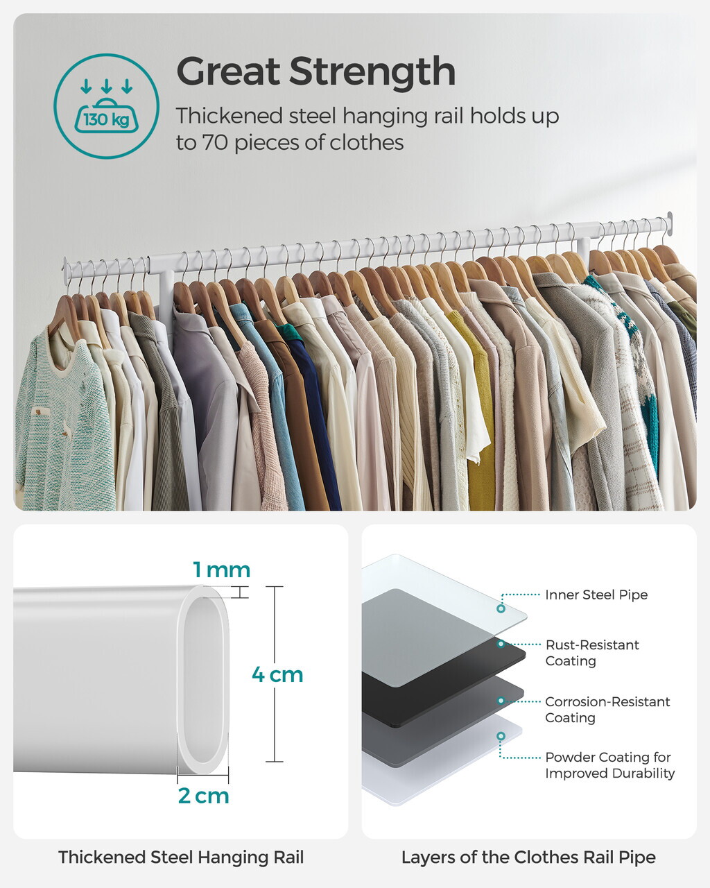 Suport pentru umerase, Songmics, extensibil, cu roti, 110-150x45x160 cm, otel, alb mat - imagine 5