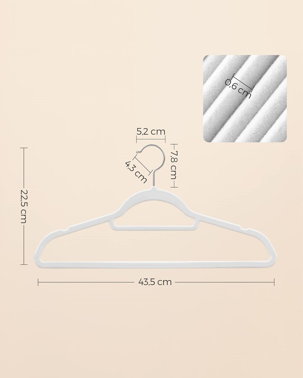 Set 20 umerase catifelate, Songmics, antialunecare, max 5 kg, cu bara pentru cravate, alb - imagine 9