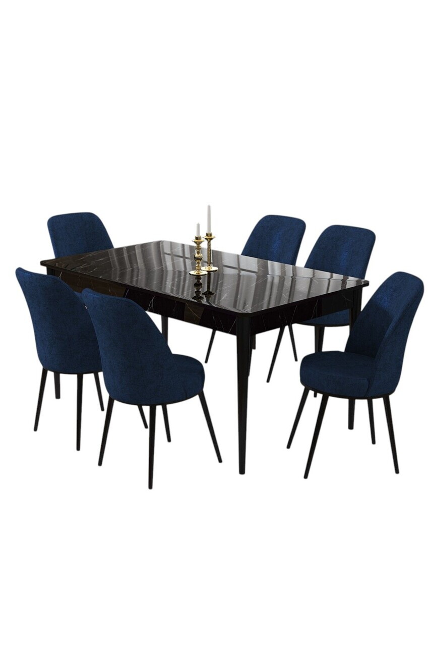 Set masa si scaune (7 piese), Hanah Home, Pir, Model de marmură neagră / Bleumarin — imaginea 2