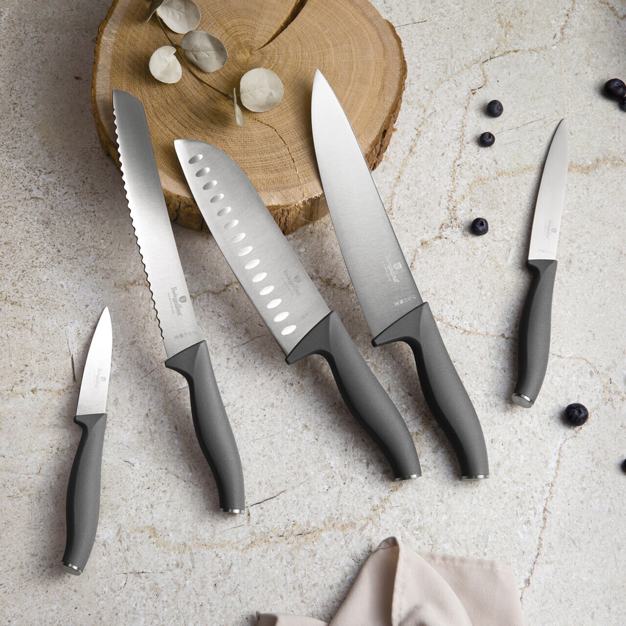 Set 5 cutite cu suport patrat Berlinger Haus, Anthracite, inox/bambus, antracit mat/natur - imagine 16