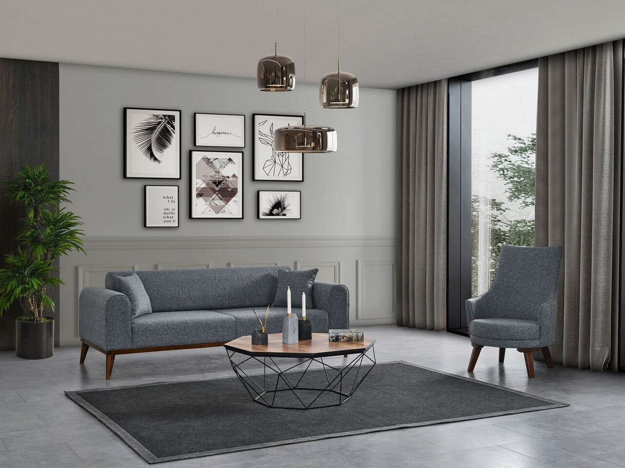 Canapea extensibila cu 3 locuri, Artie, 560ARE2907, Lemn de fag / PAL, Gri deschis - 1 | YEO