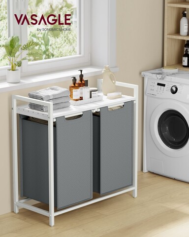 Cos de rufe cu doua compartimente, Vasagle, 73x33x72 cm, 2 x 46 L, MDF/tesatura Oxford, alb/gri deschis