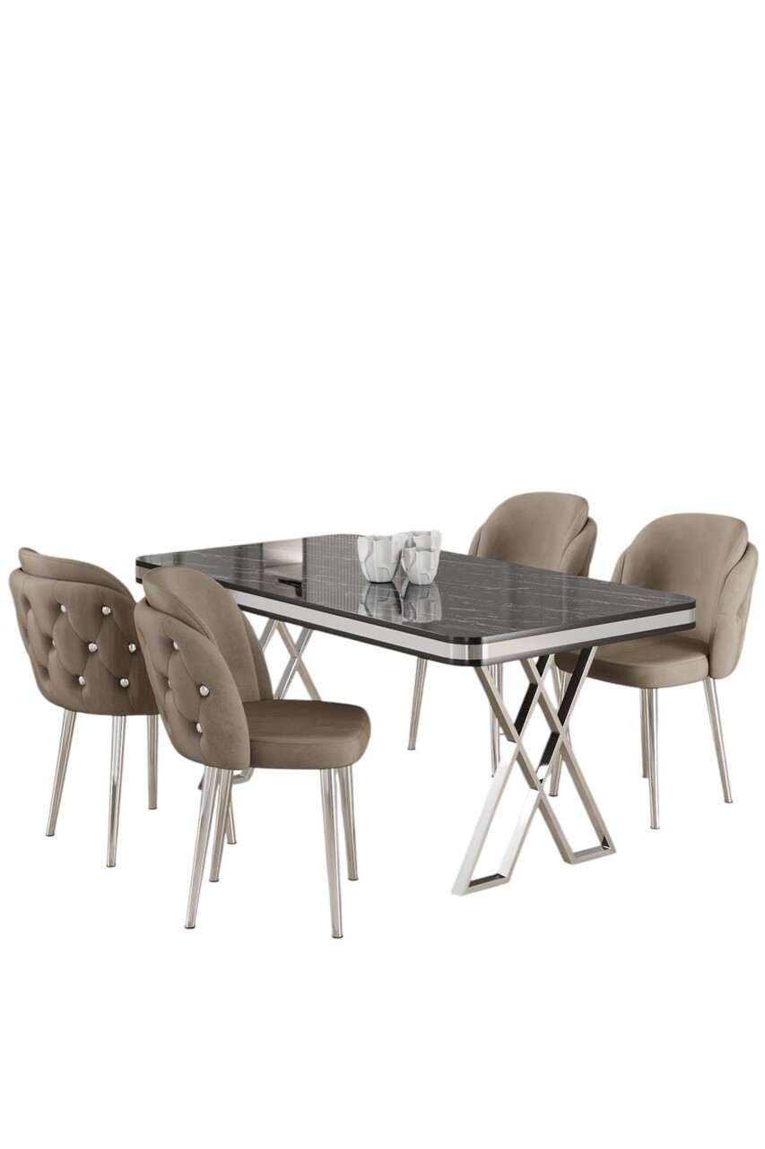 Set masă și scaune (5 bucăți), Hanah Home, Rigel, Marmură neagră / Crom / Cappuccino - view 2
