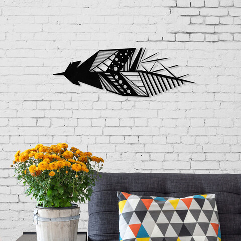 Decoratiune de perete, featrher, metal, dimensiune: 15 x 49 cm, negru