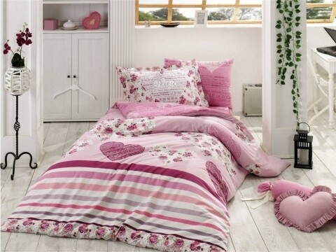 Lenjerie de pat pentru o persoana, 3 piese, 100% bumbac poplin, Hobby, Bella Lilac, roz Hobby