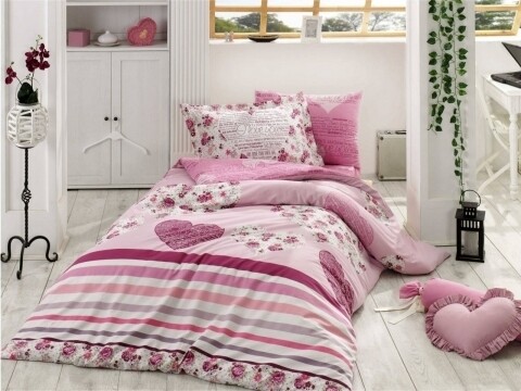 Lenjerie de pat pentru o persoana, 3 piese, 100% bumbac poplin, Hobby, Bella Lilac, roz