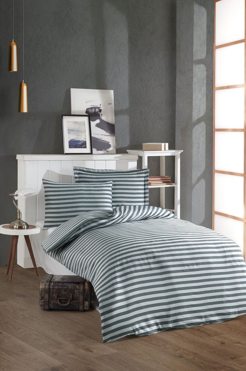 Lenjerie de pat pentru o persoana 2 piese, Water Yollu Saten - Green, EnLora Home, 70% bumbac/30% poliester
