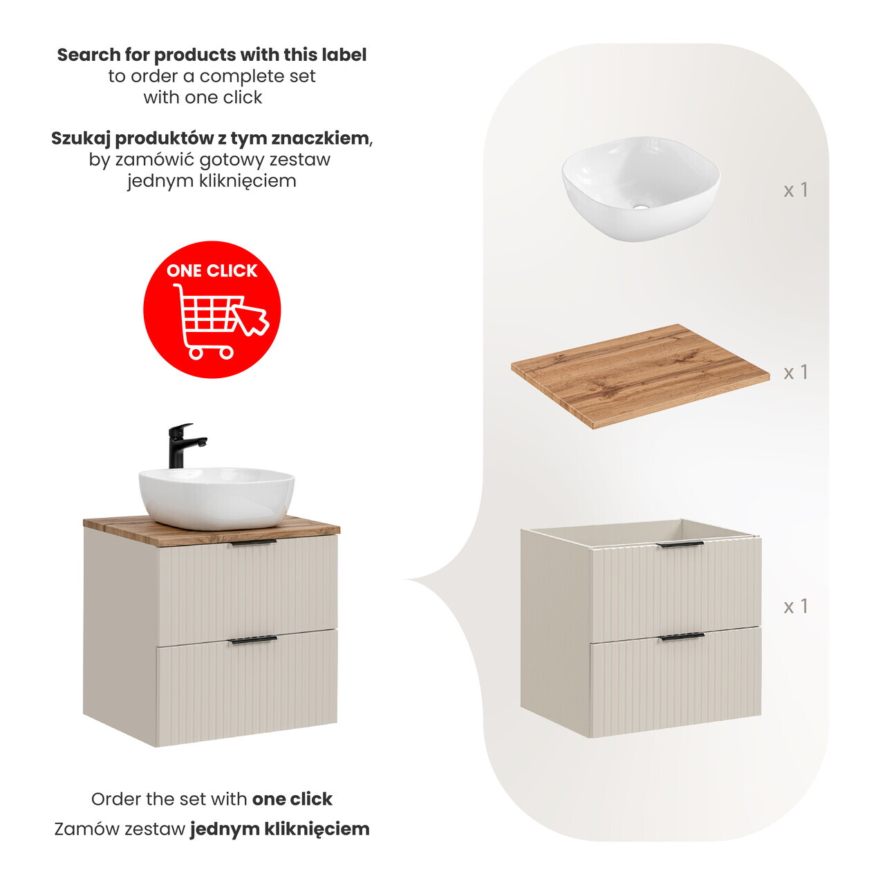Set mobiler baie, dulap cu lavoar, 60 cm Wotan Smile, Adel Cashmere, Comad, MDF/PAL laminat, casmir mat — imaginea 2