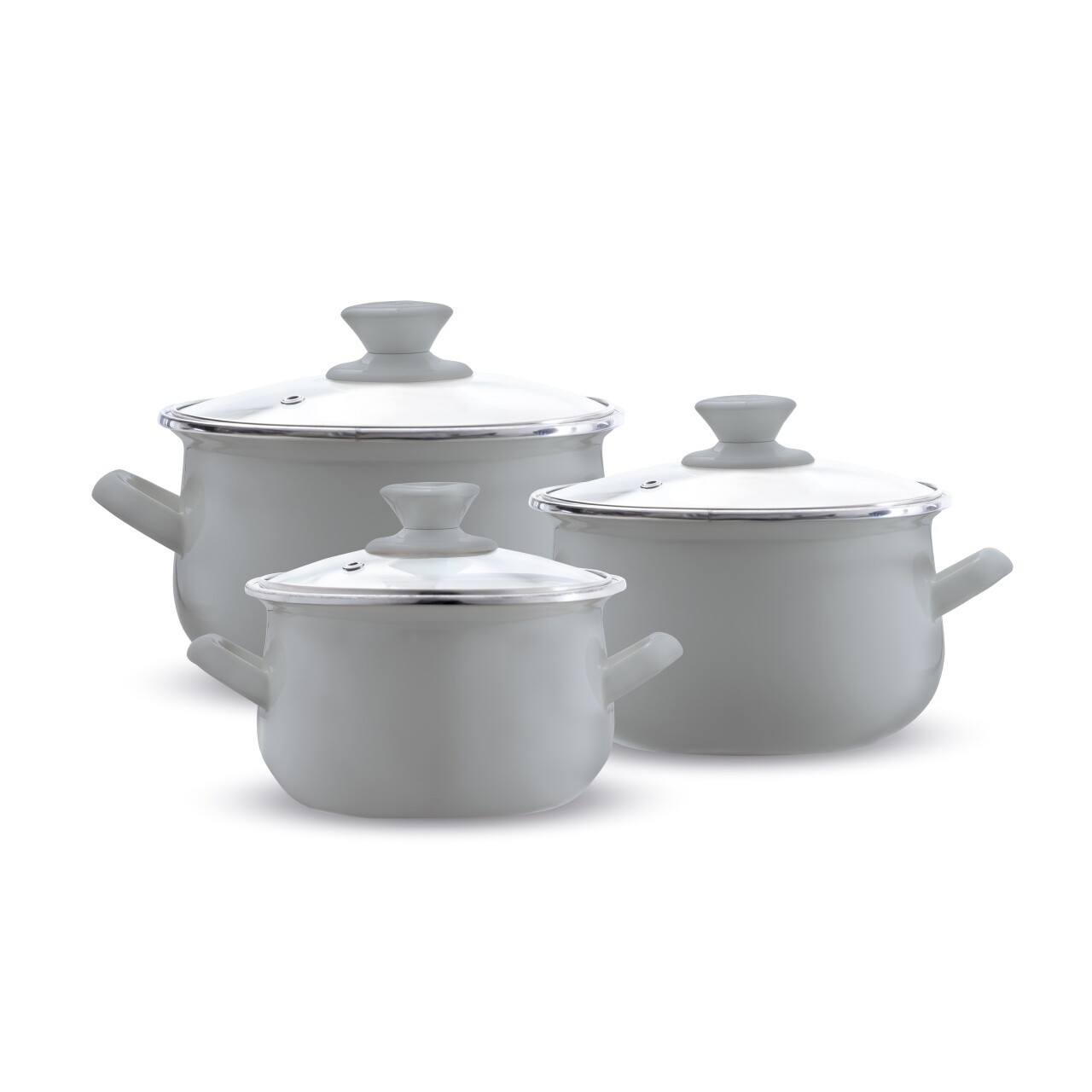 Set oale emailate 6 piese, Emalia Olkusz, 16 cm/18 cm/20 cm, 2 L/2.8 L/3.2 L, otel/sticla, gri