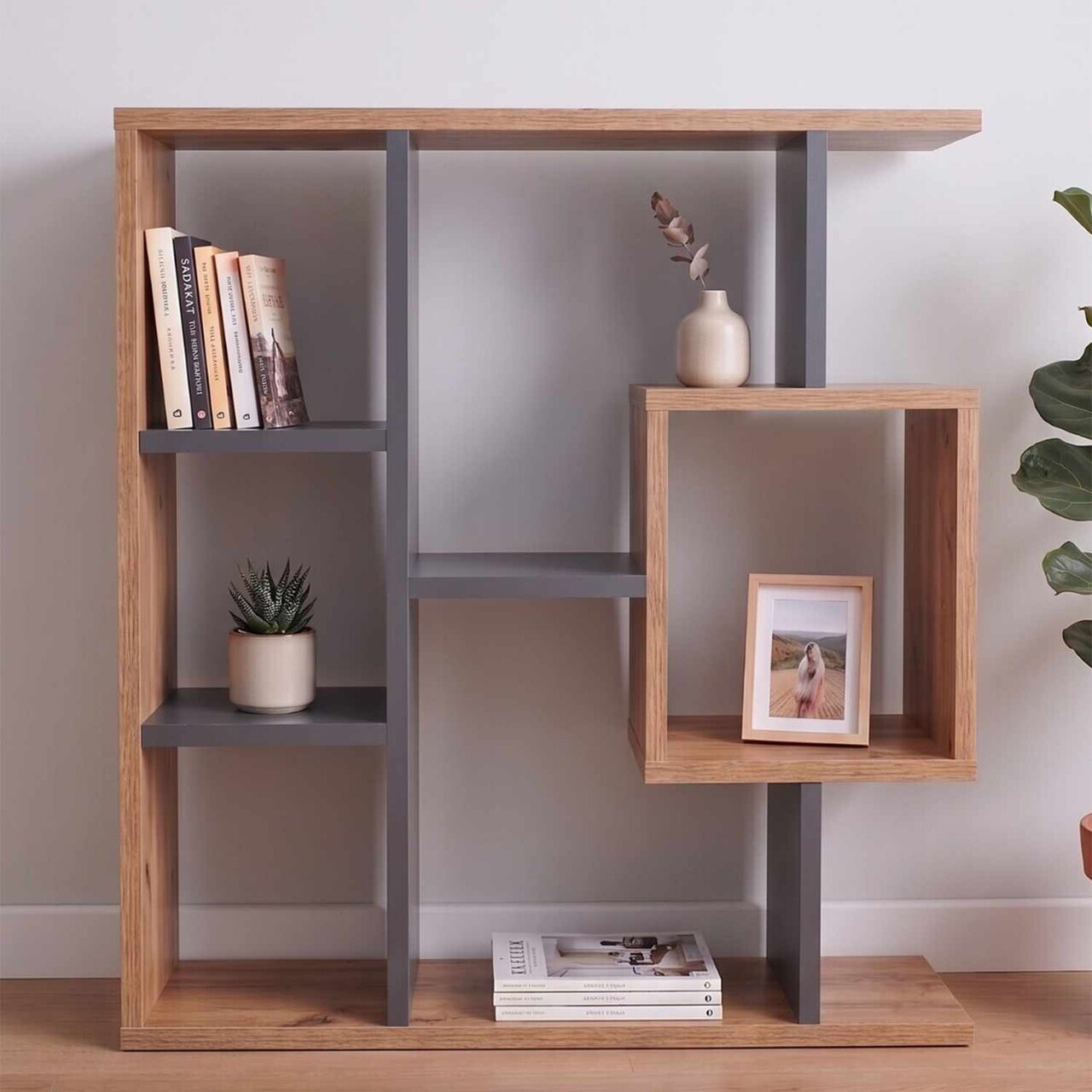 Corp biblioteca, Hanah Home, Yegane, 70.9x74.5x19.7 cm, Pin Atlantic / Antracit — imaginea 7