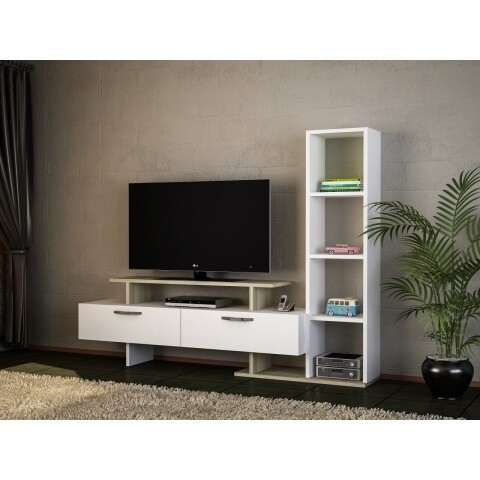 Comoda TV cu raft, Wooden Art, Minel White Cordoba, 148.6×121.8×29.5 cm mezoni.ro