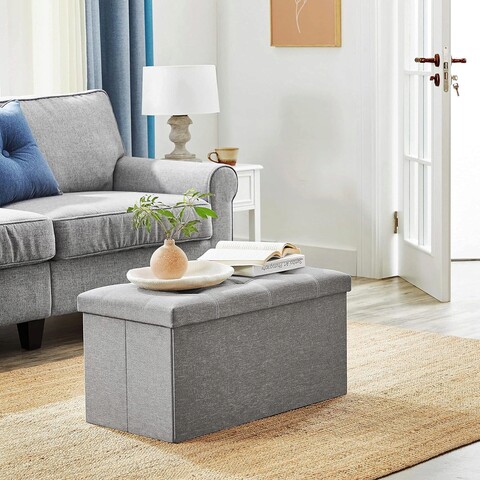 Bancheta cu spatiu pentru depozitare Songmics, 76 x 38 x 38 cm, pliabila, imitatie in/MDF, gri deschis
