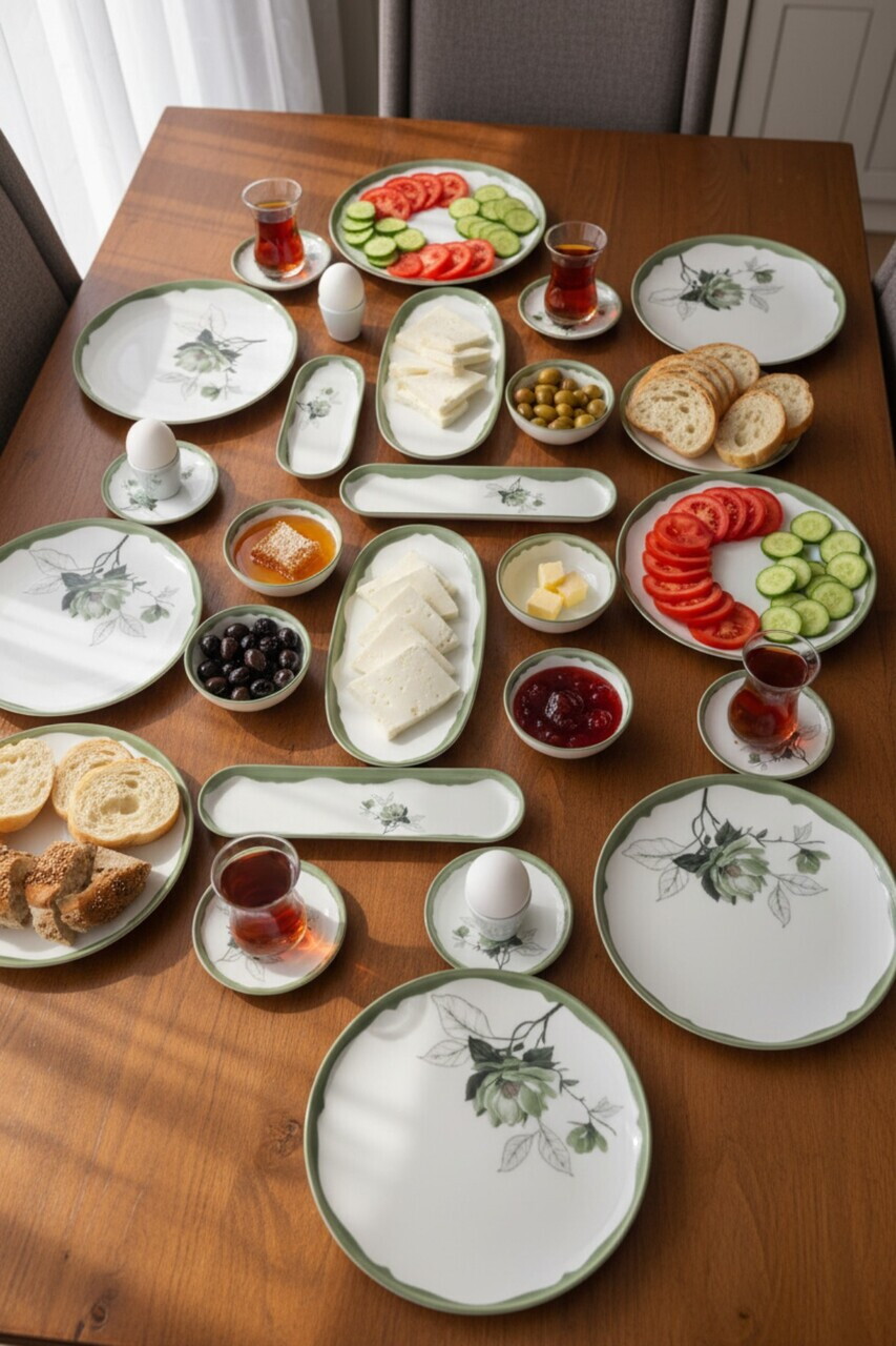 Set de mic dejun, Hermia, 208PEK1140, Portelan, Platou cu măsline: 25 cm (2 bucăți), Alb / Verde / Verde închis