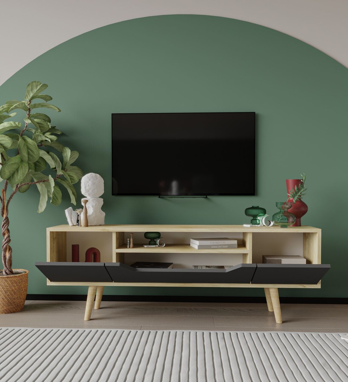 Comoda TV, Hanah Home, Roma 150, 150x53x29.8 cm, PAL, Stejar safir / Antracit - imagine 3