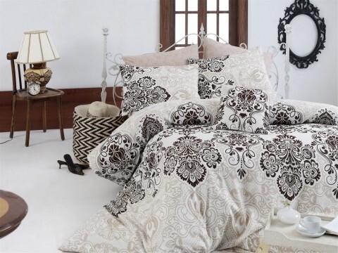 Lenjerie de pat dubla, 4 piese, 100% bumbac ranforce, Nazenin Home, Luxury Brown, bej/maro
