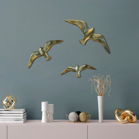 Decoratiune de perete, Flying Seagulls, Poliester, Aur