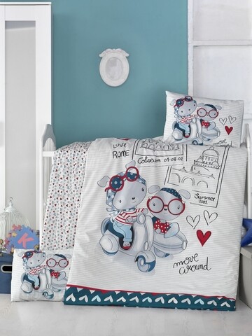 Lenjerie de pat pentru copii, victoria, travel bears, 4 piese, 100% bumbac ranforce, multicolor