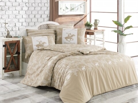 Lenjerie de pat dubla  BHPC 013 - Cream, 100% bumbac ranforce, Beverly Hills Polo Club, 240x260 cm, crem/alb