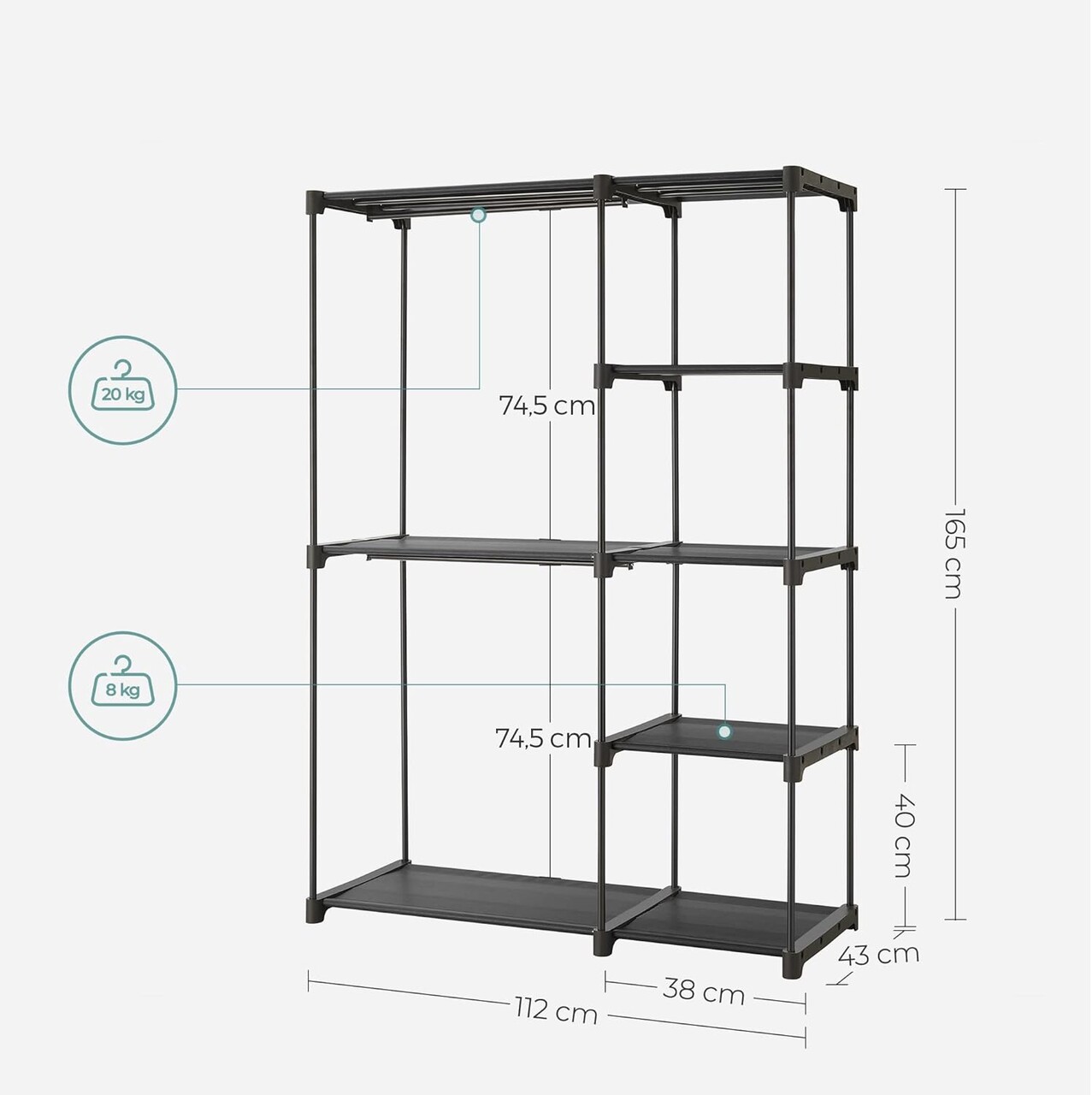 Dulap textil pentru haine, Songmics, 112x43x165 cm, material netesut/metal, max 80 kg, negru - imagine 6