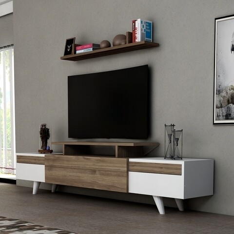 Comoda tv cu raft de perete miray, arnetti, 180 x 42 cm/90 x 14.5 cm, alb/walnut