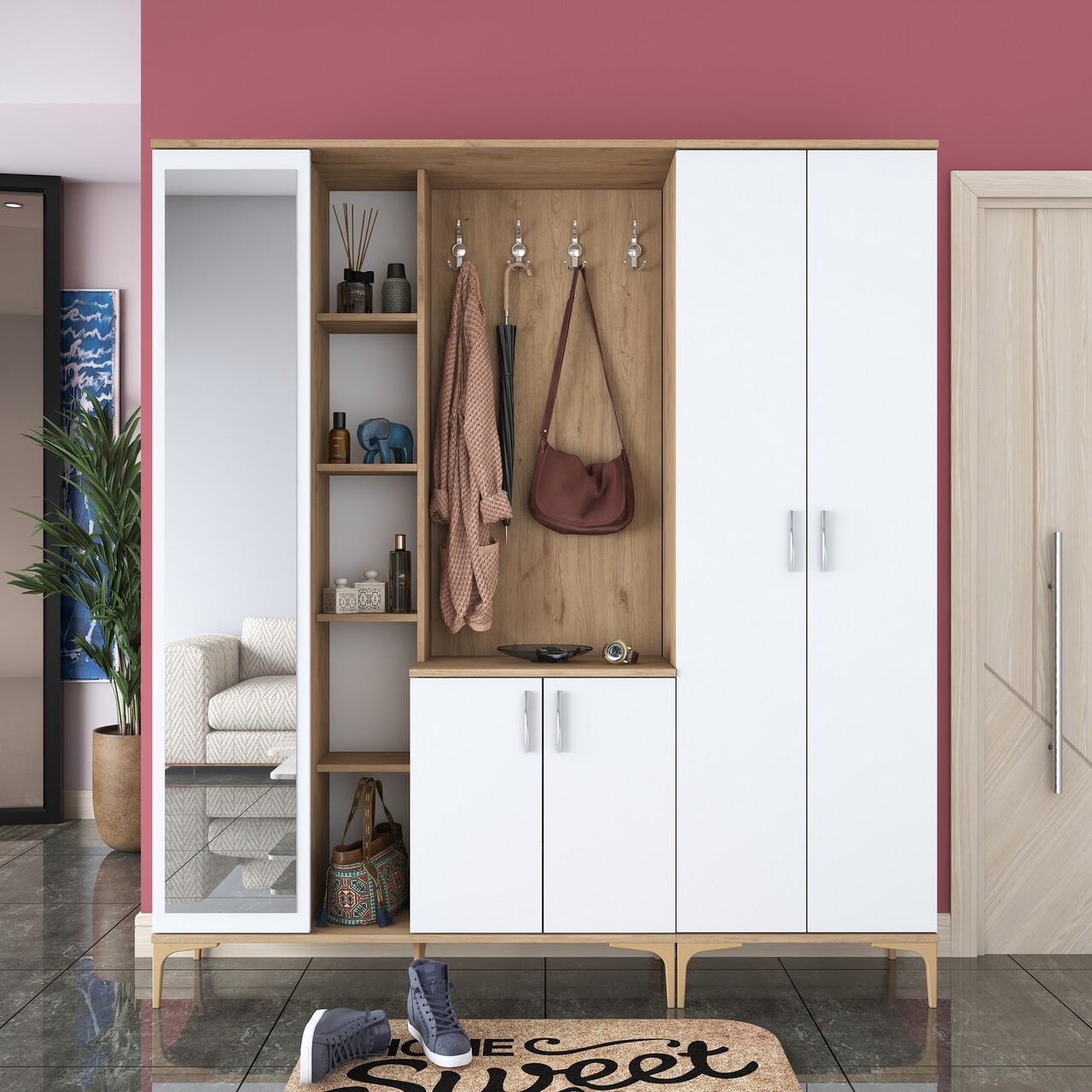 Cuier de perete, Rani, EA129, 180x198.6x37.5 cm, PAL, Nuc/Alb - 1 | YEO