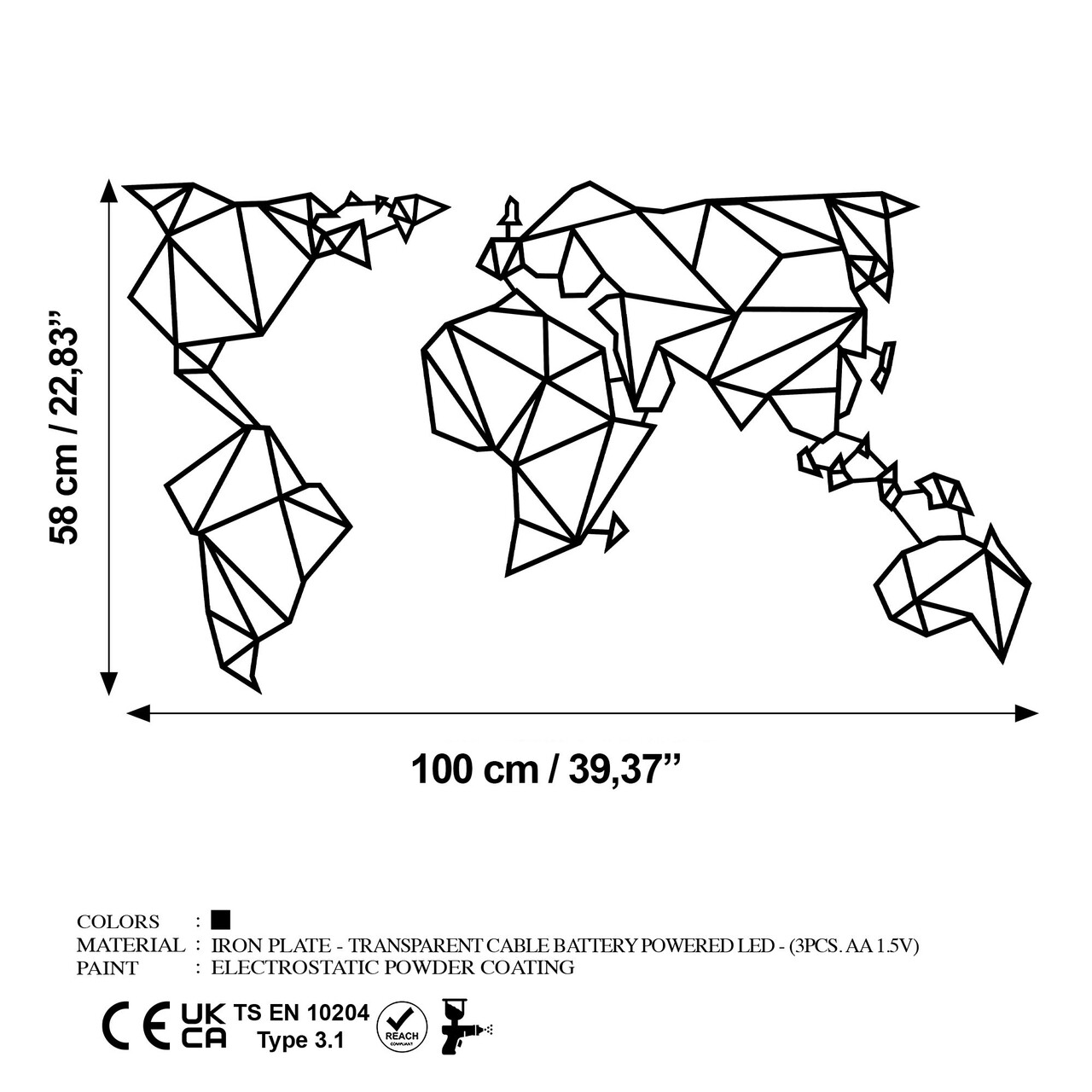 Decoratiune de perete, World Map Led 010, Dimensiune: 58 x 100 cm, Negru - view 7