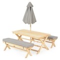 Set 2 banchete + masa + umbrela, Kids Picnic, lemn de brad, natural/gri