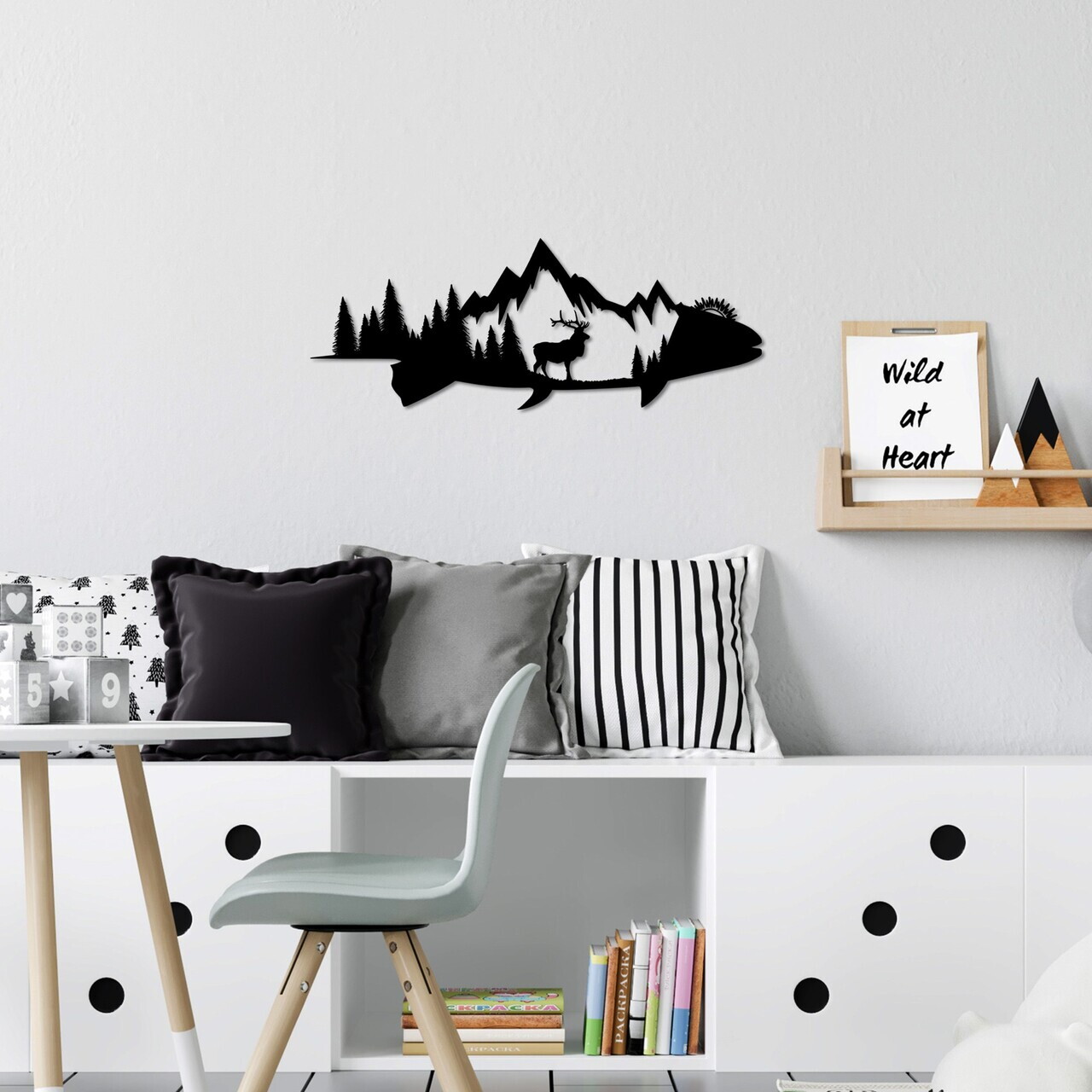 Decoratiune de perete, Mountain And Deer, 70 x 26 cm, Negru — imaginea 3