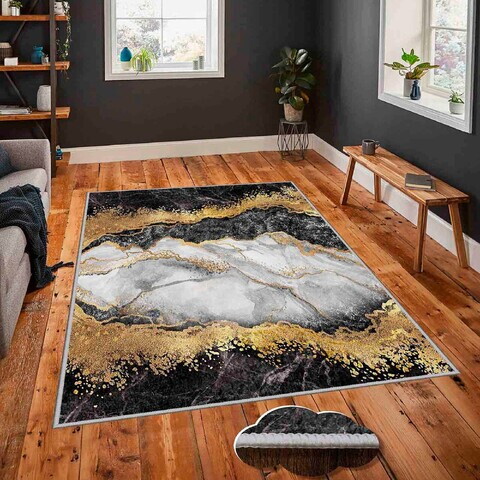 Covor, Hmnt433, 160x230 cm, Alb / Gri / Auriu / Negru