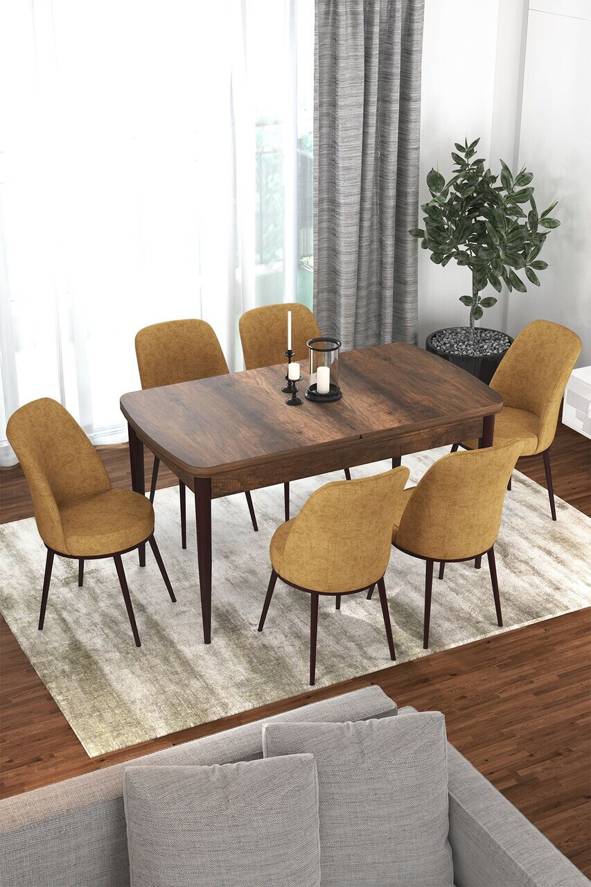 Set masa extensibila si scaune (7 piese), Hanah Home, Via, Model baroc din lemn / Cappuccino