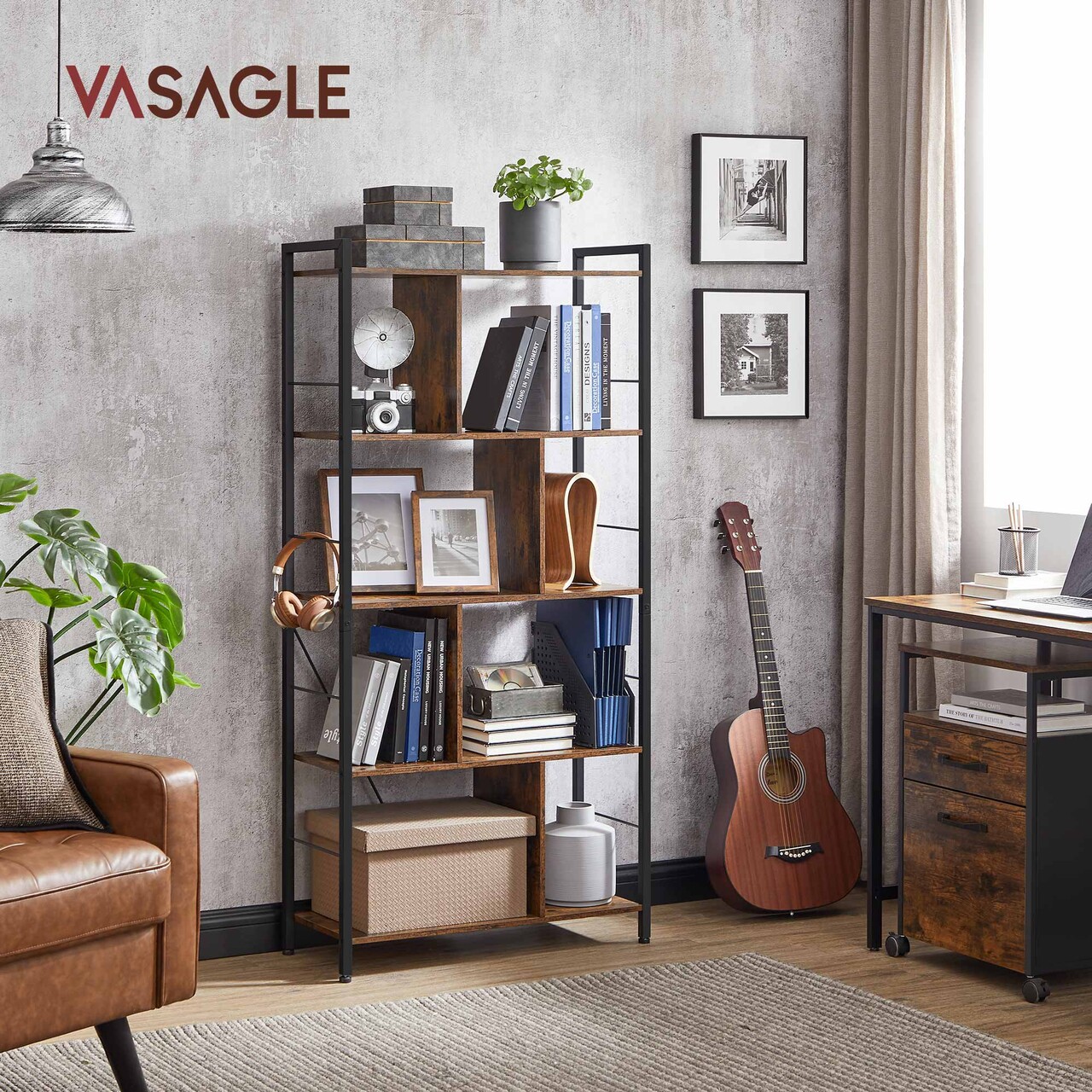 Biblioteca cu 5 rafturi, Vasagle, Industrial Living, 74x30x150 cm. PAL/otel, maro