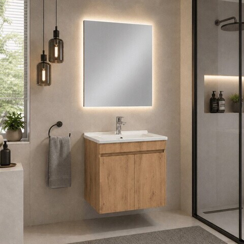 Set Dulap de Baie cu Chiuvetă și Oglindă (2 Piese), Hanah Home, Fold 60, Nuc deschis