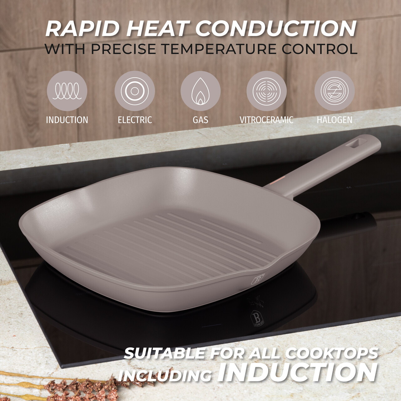 Tigaie grill Berlinger Haus, Taupe, 28 cm, 2.1 L, aluminiu forjat, taupe mat - imagine 15