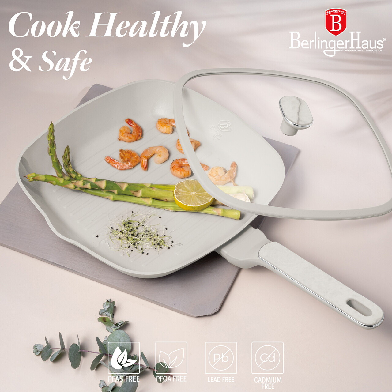 Tigaie grill cu capac Berlinger Haus, Sahara Marble, 28 cm, 2.1 L, aluminiu forjat, crem mat/marmura - imagine 7