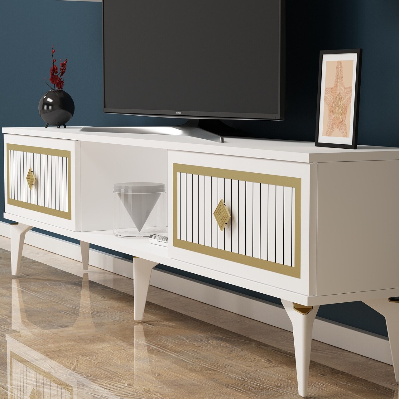 Comoda TV, Olivia, Nil, 150x44.6x29.6 cm, PAL, Alb/Auriu - 1 | YEO