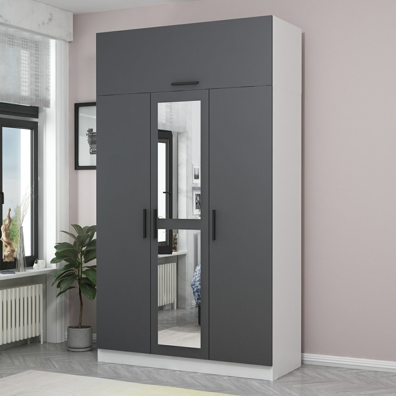 Dulap pentru haine, Minerva, Minar 3 Kapak 255, 135x255x52 cm, PAL, Antracit/Alb - 1 | YEO