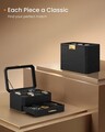 Cutie de ceasuri cu 2 niveluri si oglinda, Ronne, Songmics, 27.3x19.5x14.5 cm, 8 compartimente, piele ecologica/metal, negru