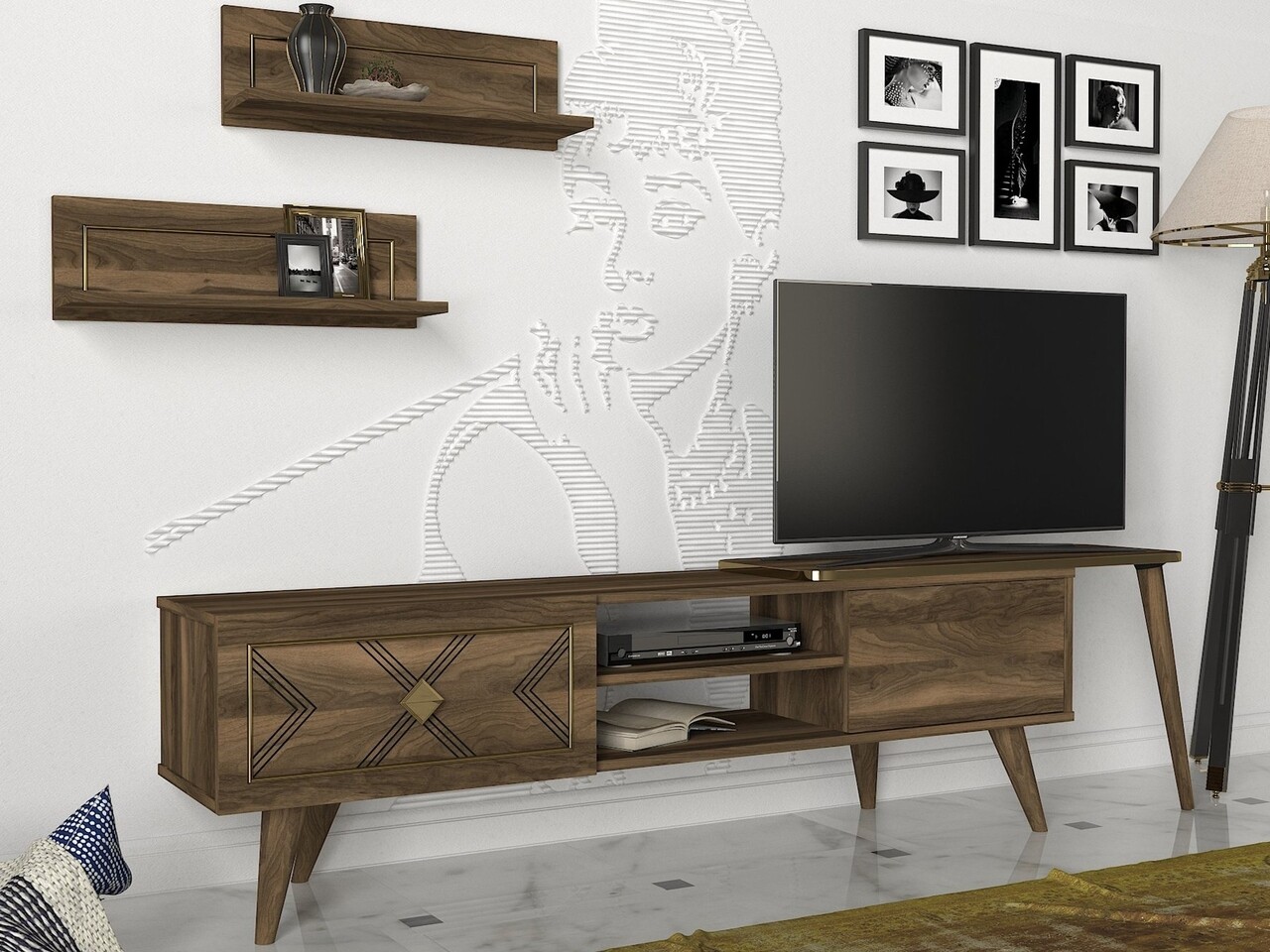 Comoda TV Cu Rafturi De Perete Paros, Talon, 190 X 50.5 Cm/60 X 14.5 Cm, Walnut