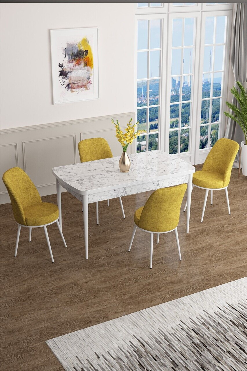Set masa extensibila si scaune (5 piese), Hanah Home, Han, Model de marmură albă / Muștar