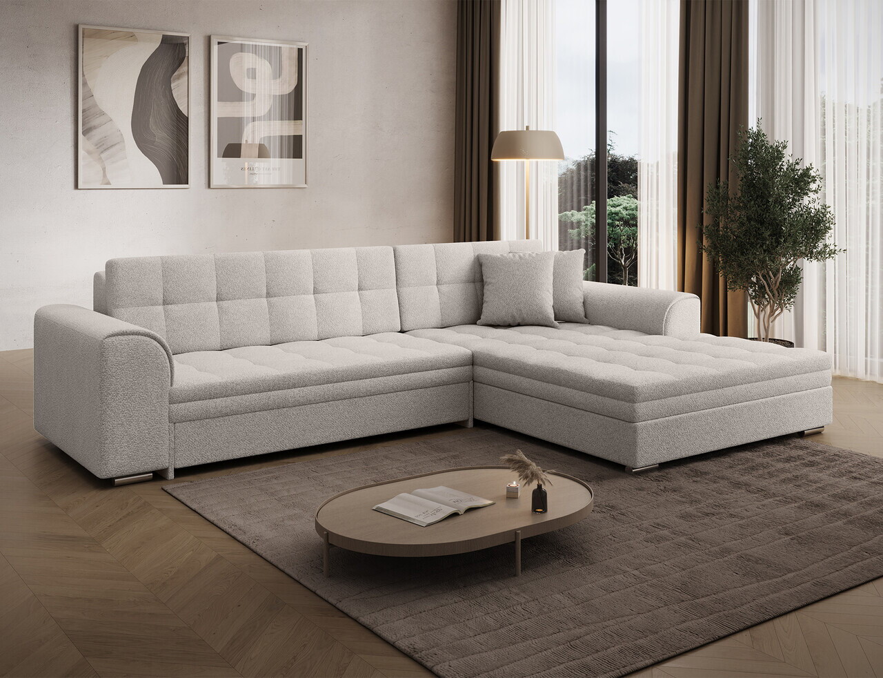 Coltar extensibil dreapta 4 locuri ELTAP Sorento 296x194x78 cm lemn/poliester alb murdar