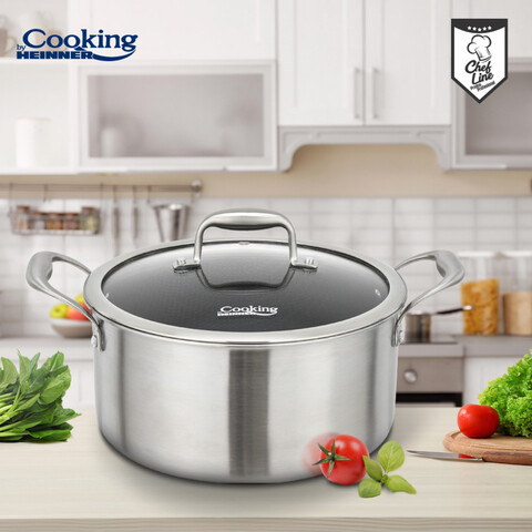Oala cu capac 7 L, Titanium3, Cooking by Heinner, 28x13 cm, inox/sticla, argintiu