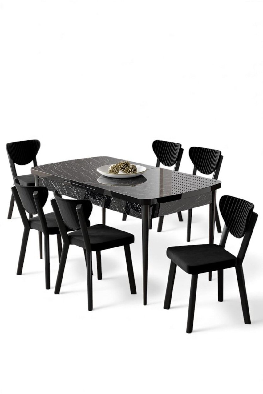 Set masa extensibila si scaune, Hanah Home, Exve, Marmură neagră / Negru - view 2
