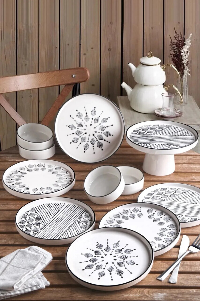Set de mic dejun Hermia 430KSV1368 CERAMICĂ Suport de prezentare vertical: 19 x 19 x 11 cm (1 bucată) Alb/Negru