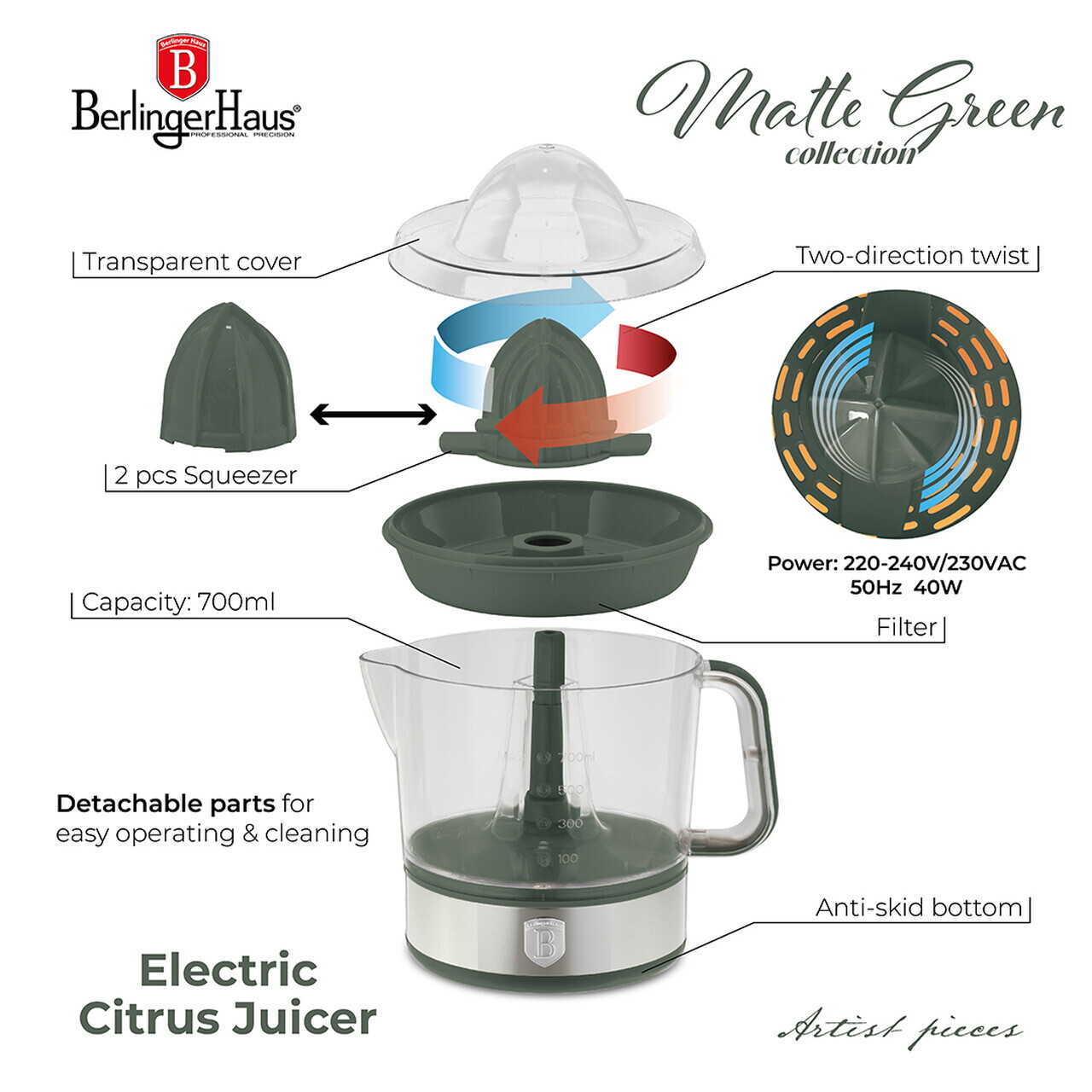 Storcator electric de citrice Berlinger Haus, Matte Green, 40W, 700 ml, plastic/inox, verde mat/transparent - imagine 8