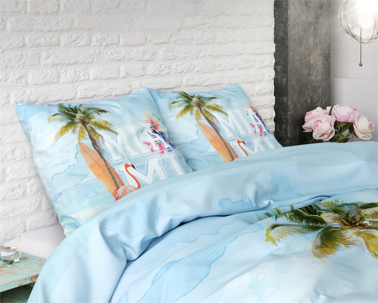 Lenjerie De Pat Dubla Pure Miami Summer Blue, Dreamhouse, 3 Piese, 100% Bumbac, Multicolora